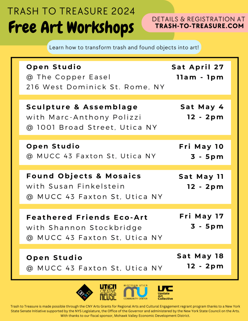 Trash to Treasure Free Art Workshops. Details and registration at trash-to-treasure.com. Learn how to transform trash and found objects into art!