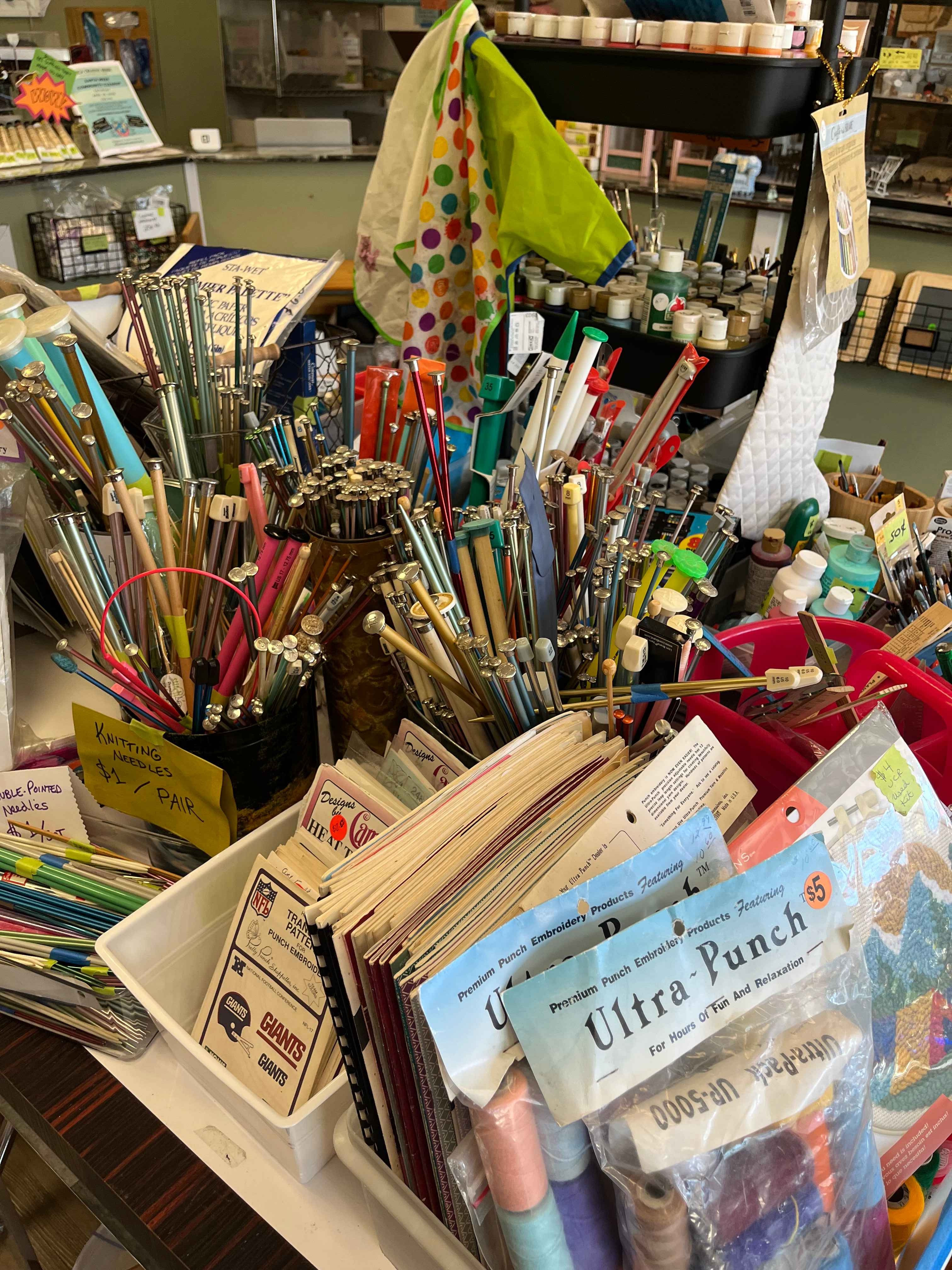 Knitting, crochet, punch, crewel, embroidery, and needlework supplies